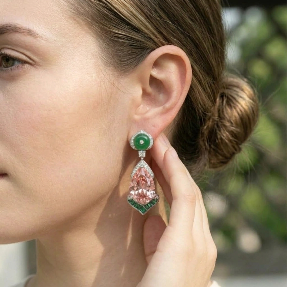 Pink Teardrop Emerald Halo Drop Earrings