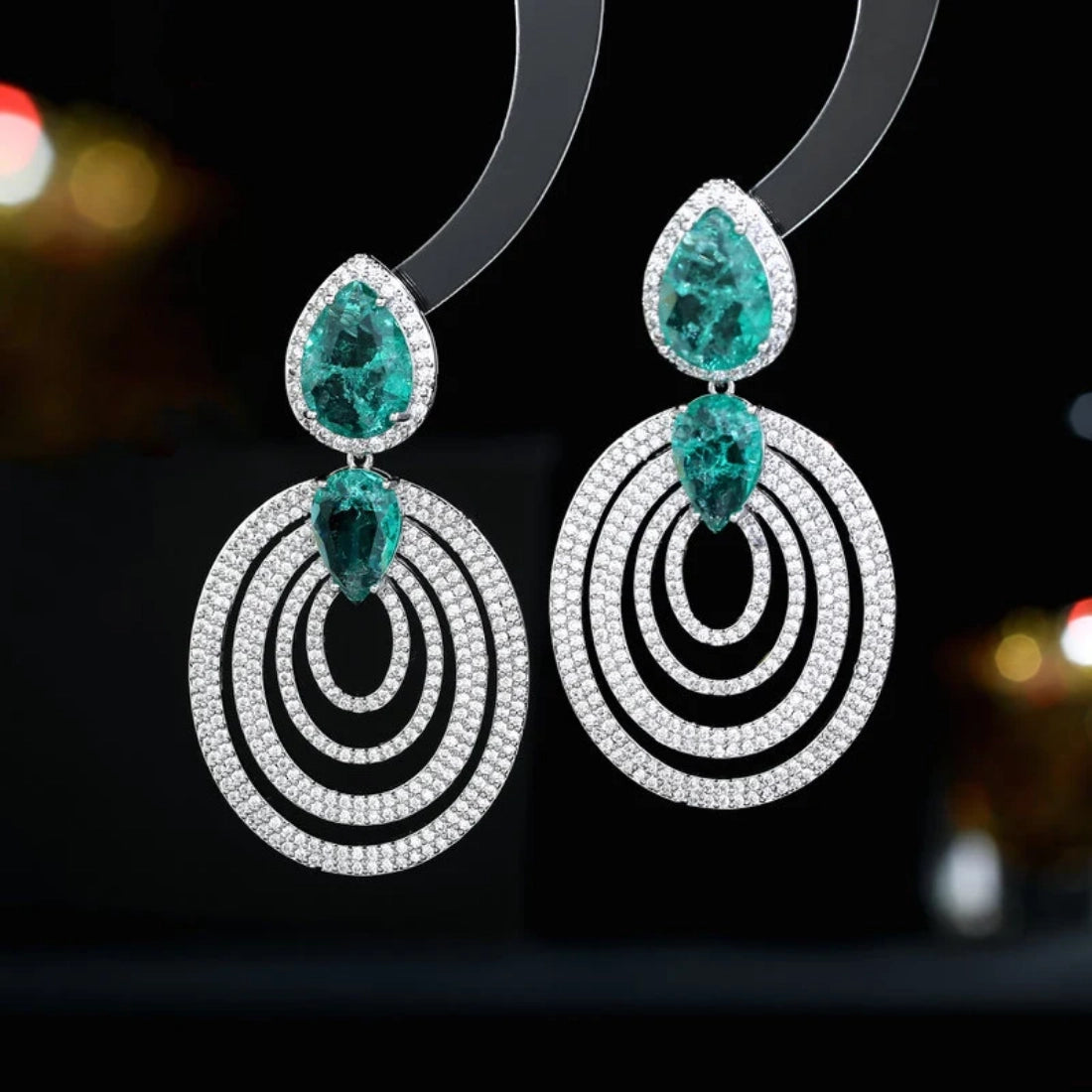 Pavé Zircon Emerald Halo Oval Drop Earrings