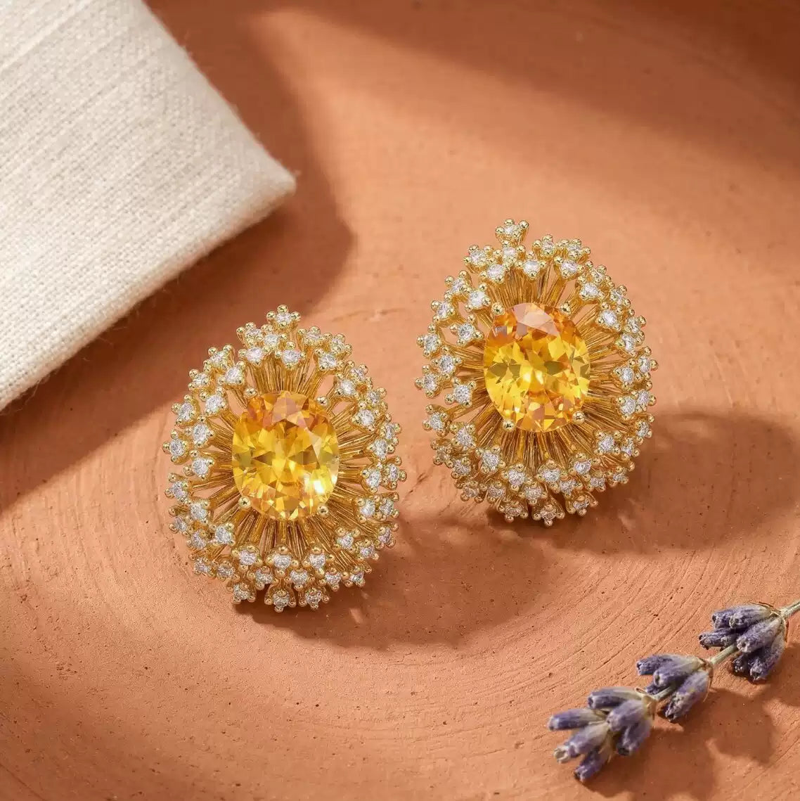 Bold Floral Firework Yellow CZ Stud Earrings