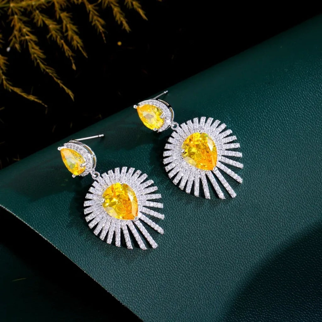 Radiant Sunburst Yellow Crystal Drop Earrings