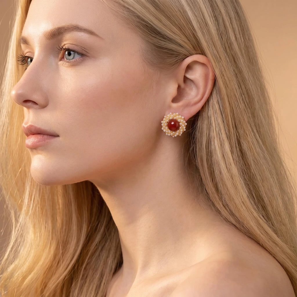 South Red Agate & Lapis Pearl Stud Earrings