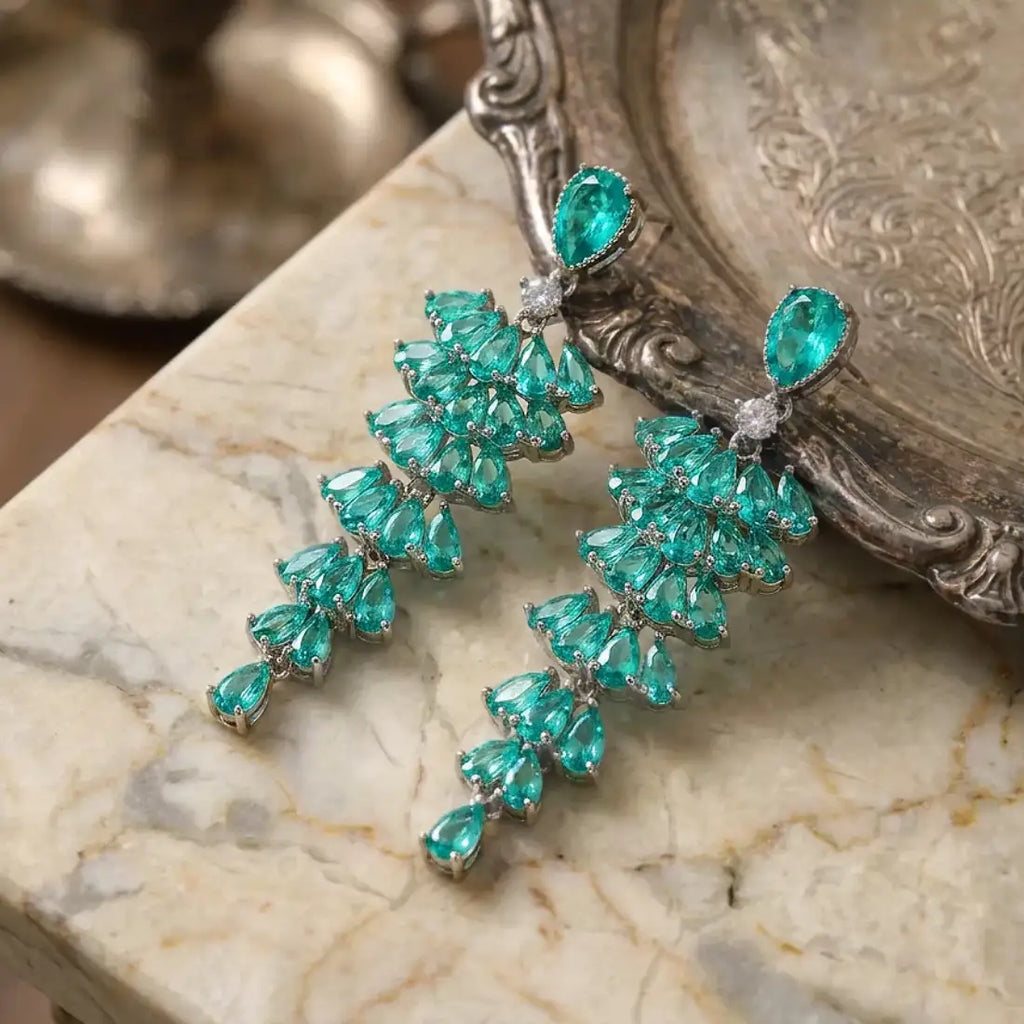 Green Leaf Zircon Statement Earrings