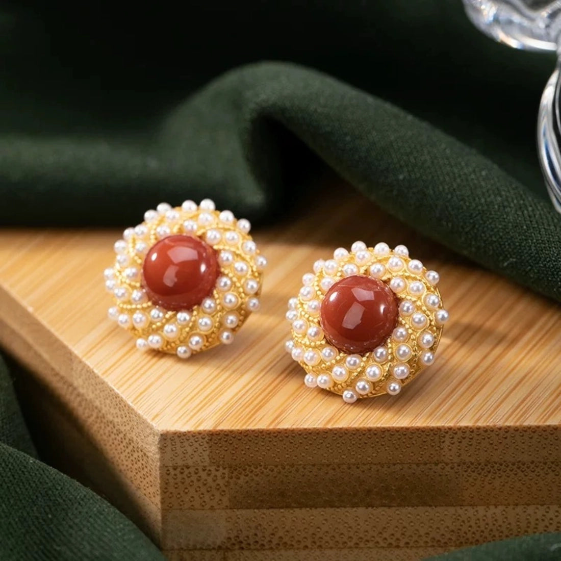 South Red Agate & Lapis Pearl Stud Earrings