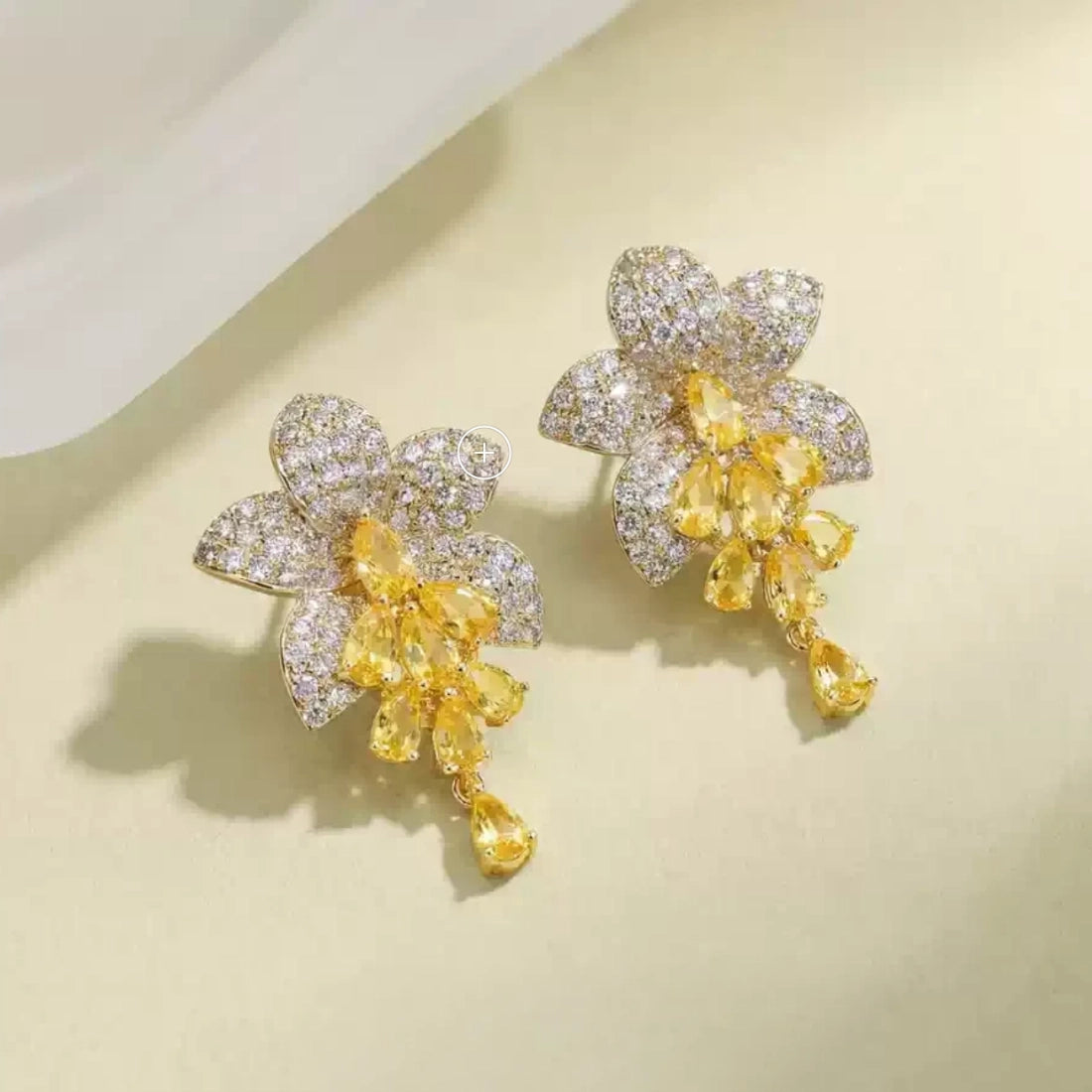 Floral Citrine Crystal Long Drop Dangle Earrings