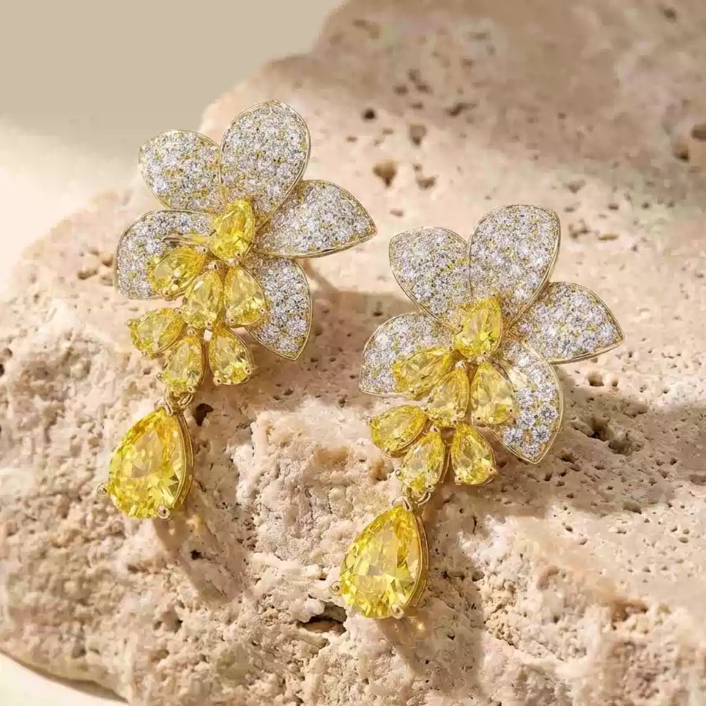 Floral Citrine Crystal Long Drop Dangle Earrings