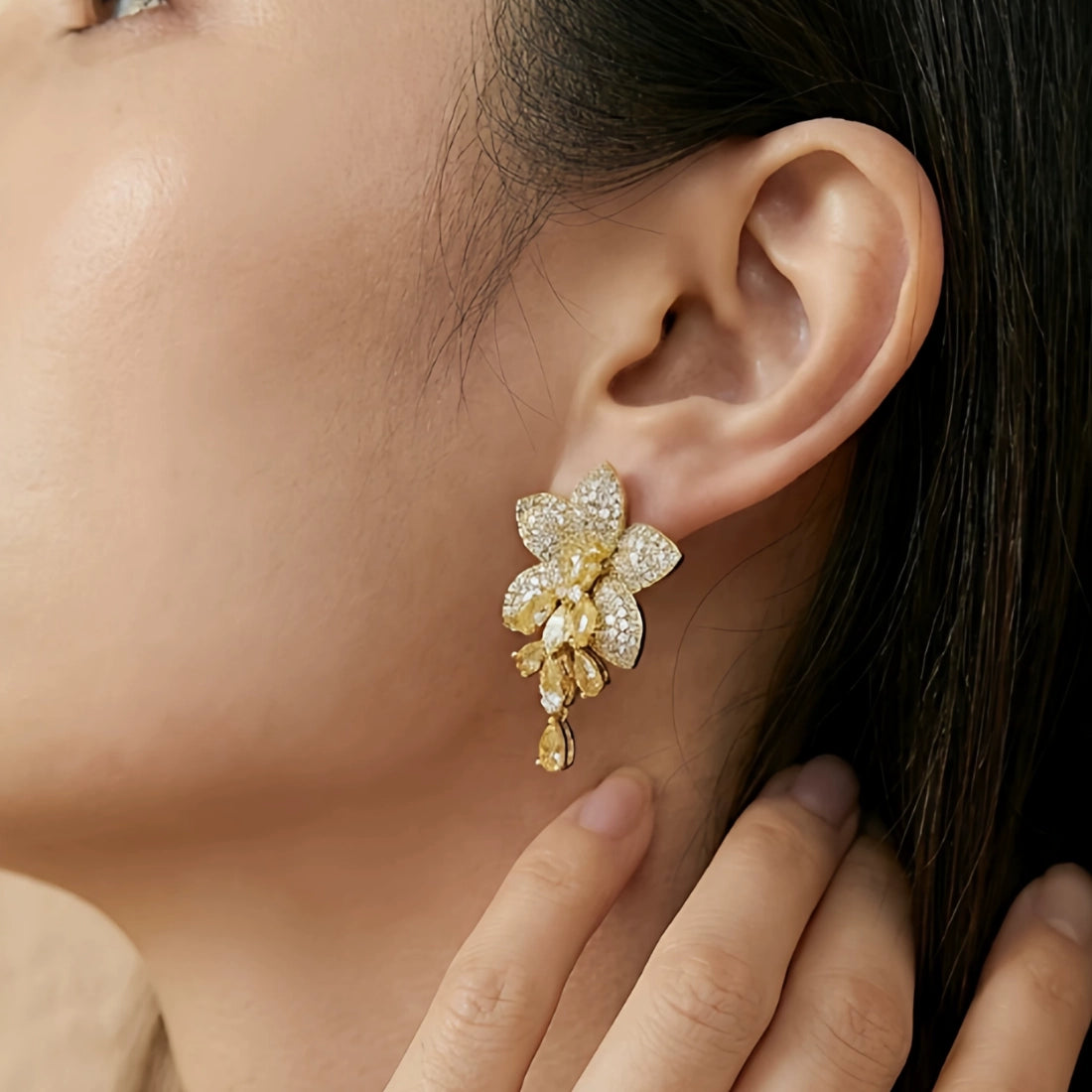 Floral Citrine Crystal Long Drop Dangle Earrings