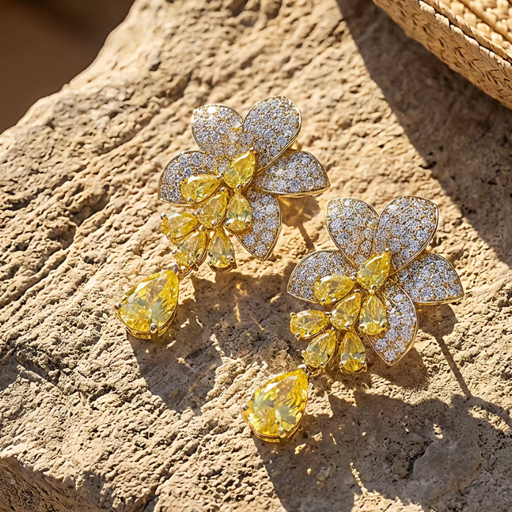 Floral Citrine Crystal Long Drop Dangle Earrings