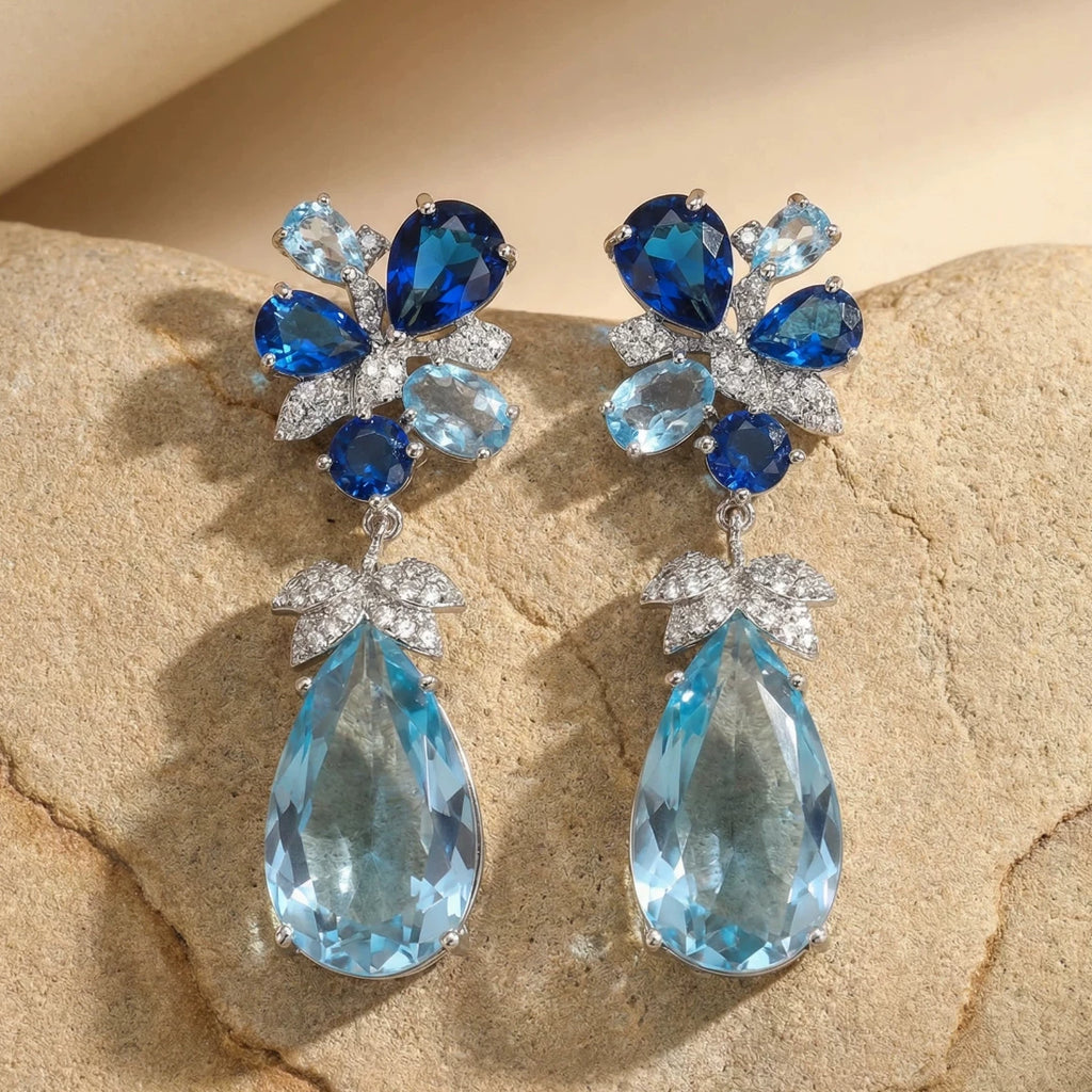 Blue Gemstone Teardrop Flower Earrings