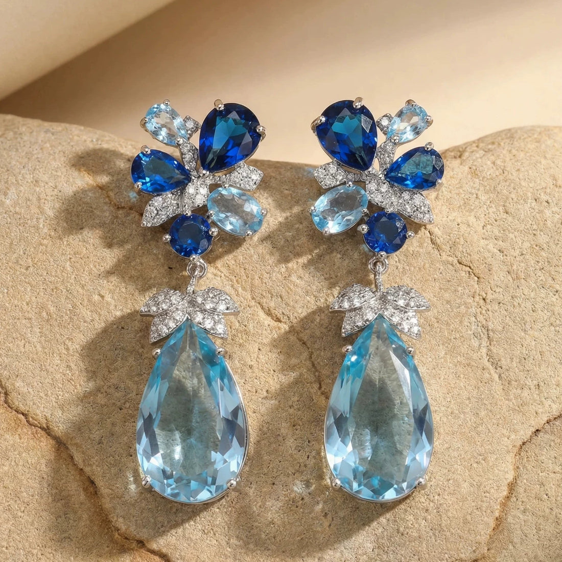 Blue Gemstone Teardrop Flower Earrings