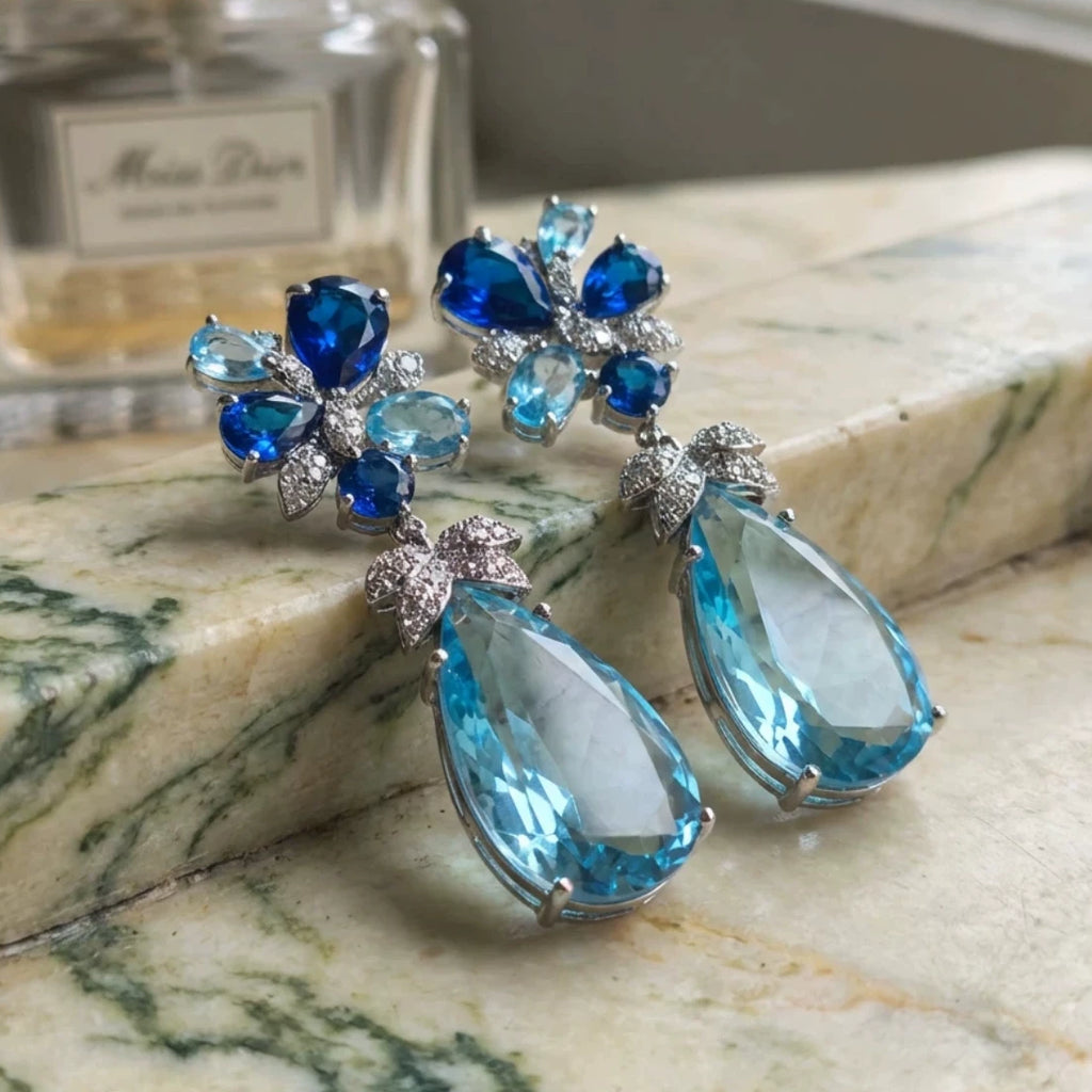 Blue Gemstone Teardrop Flower Earrings