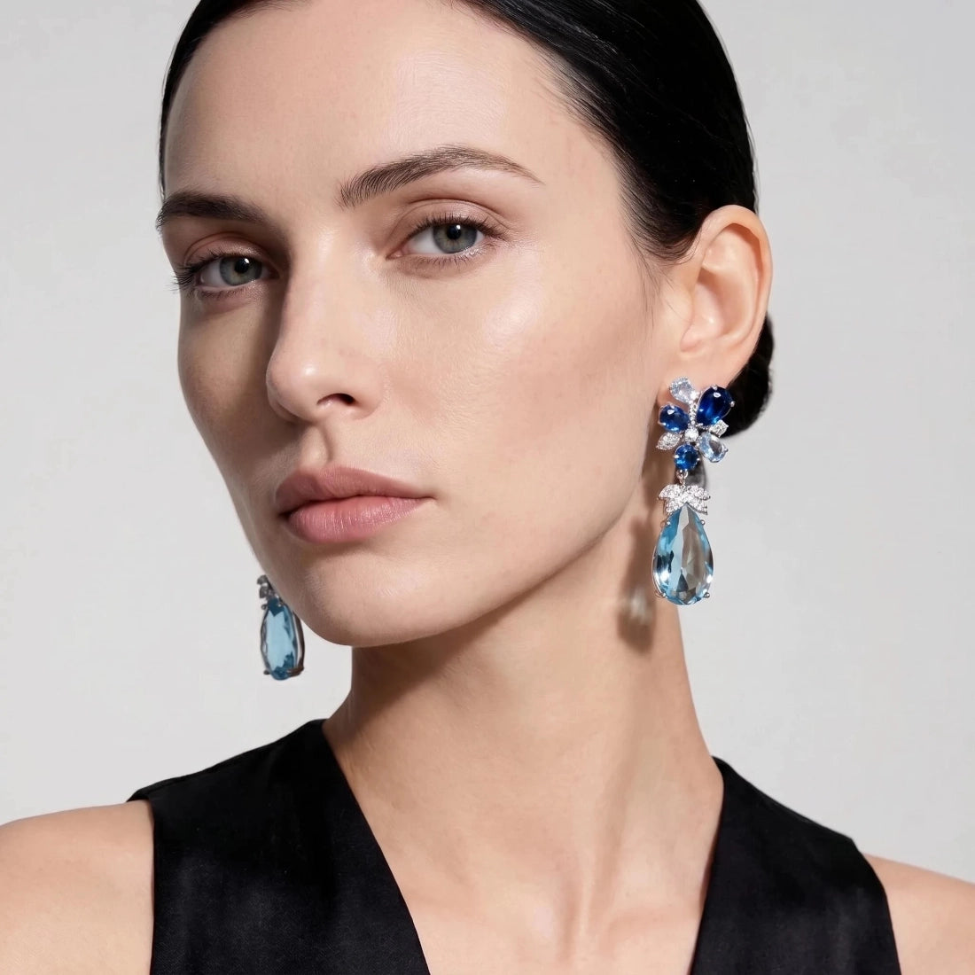 Blue Gemstone Teardrop Flower Earrings