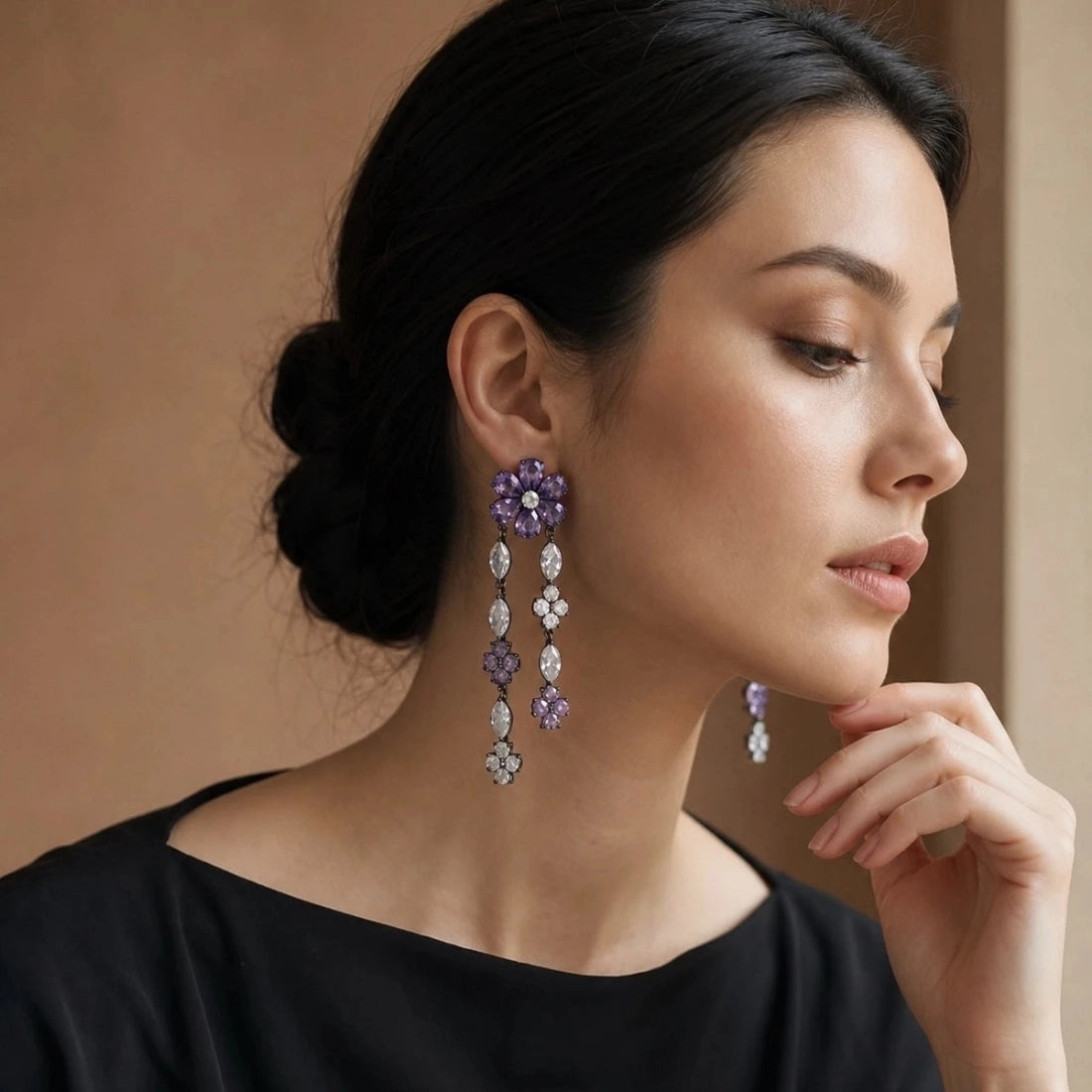 Crystal Statement Floral Double Tassel Earrings