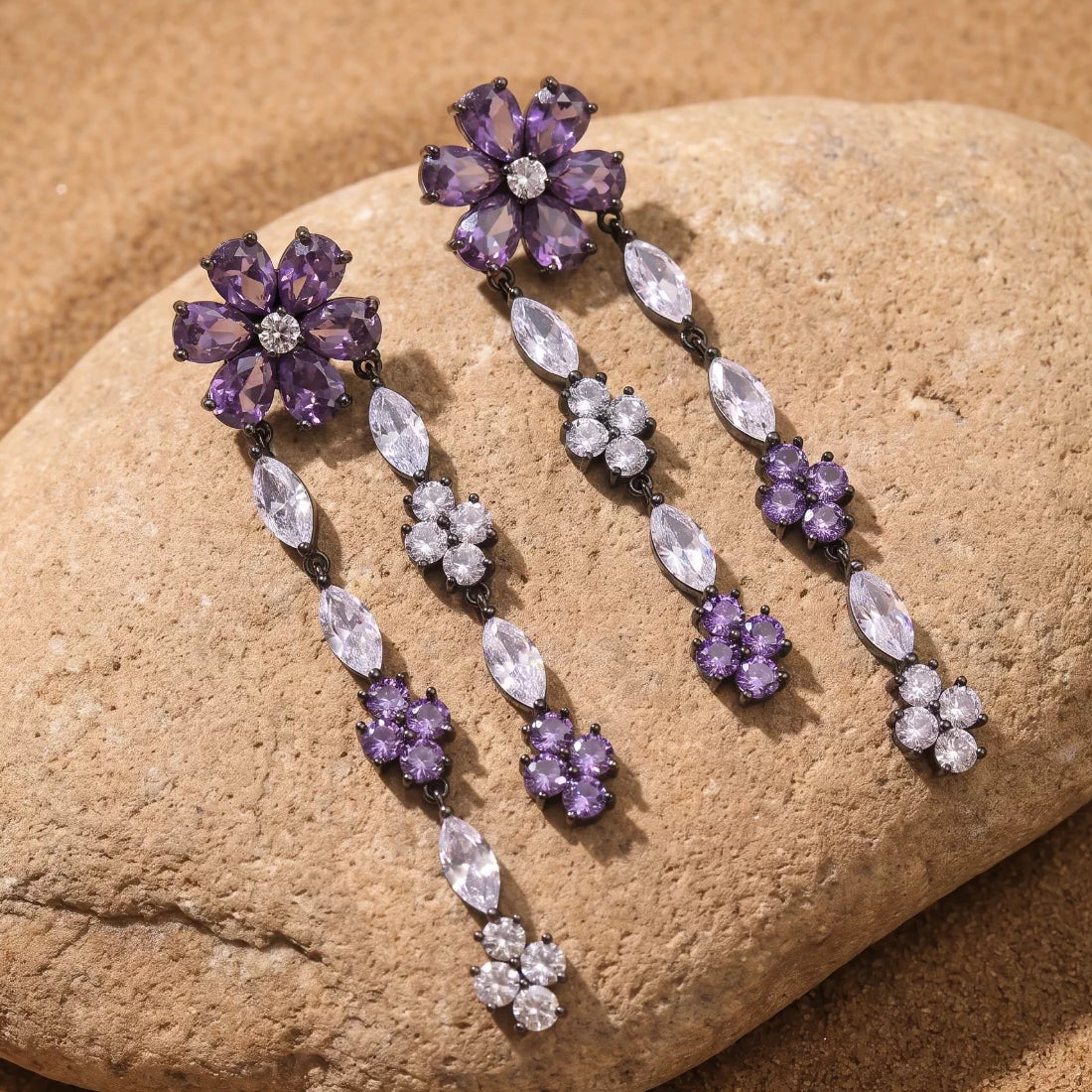 Crystal Statement Floral Double Tassel Earrings