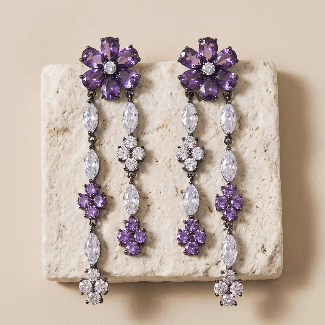 Crystal Statement Floral Double Tassel Earrings