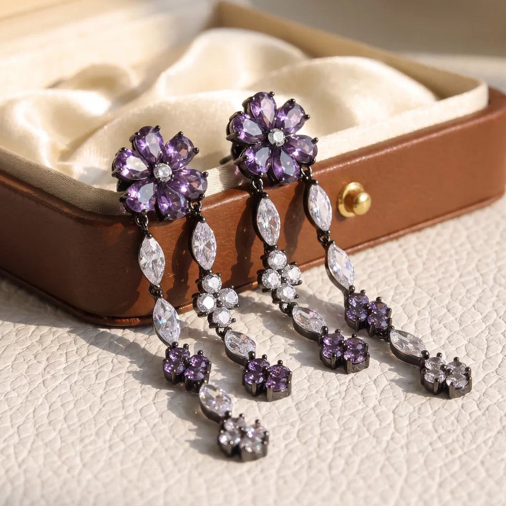 Crystal Statement Floral Double Tassel Earrings