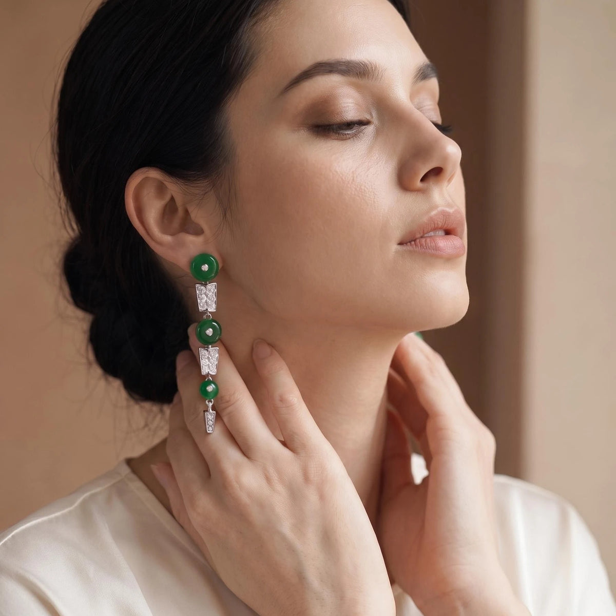 Vintage Geometric Jade Green Tassel Earrings