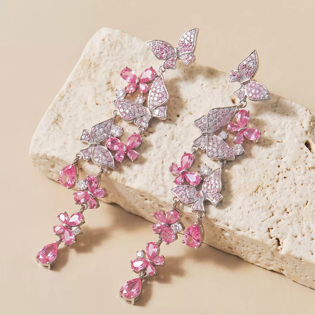 Long Tassel Statement Pink Butterfly Crystal Drop