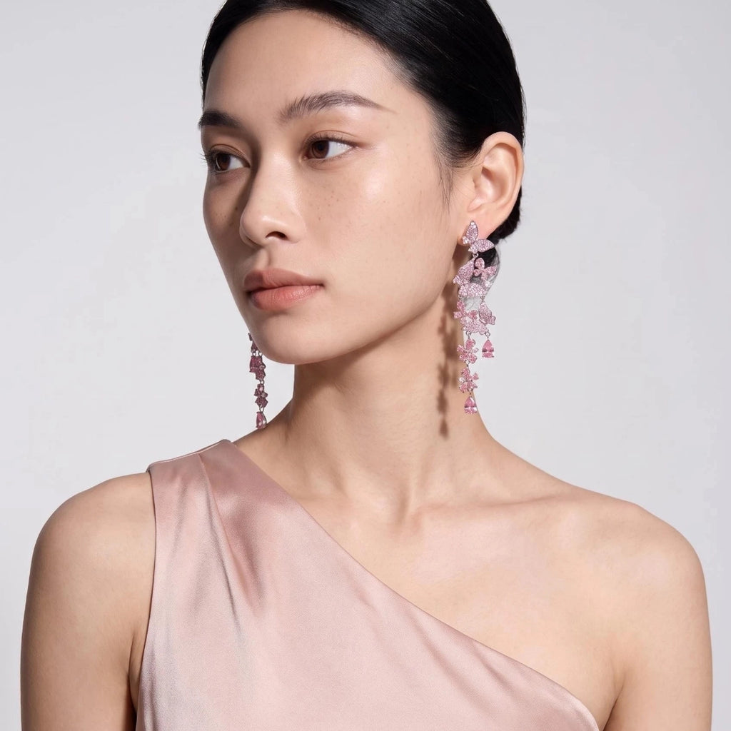 Long Tassel Statement Pink Butterfly Crystal Drop