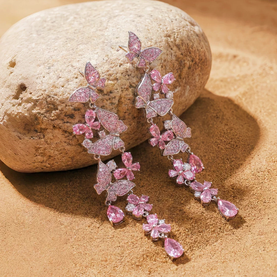 Long Tassel Statement Pink Butterfly Crystal Drop