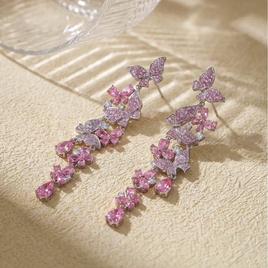 Long Tassel Statement Pink Butterfly Crystal Drop