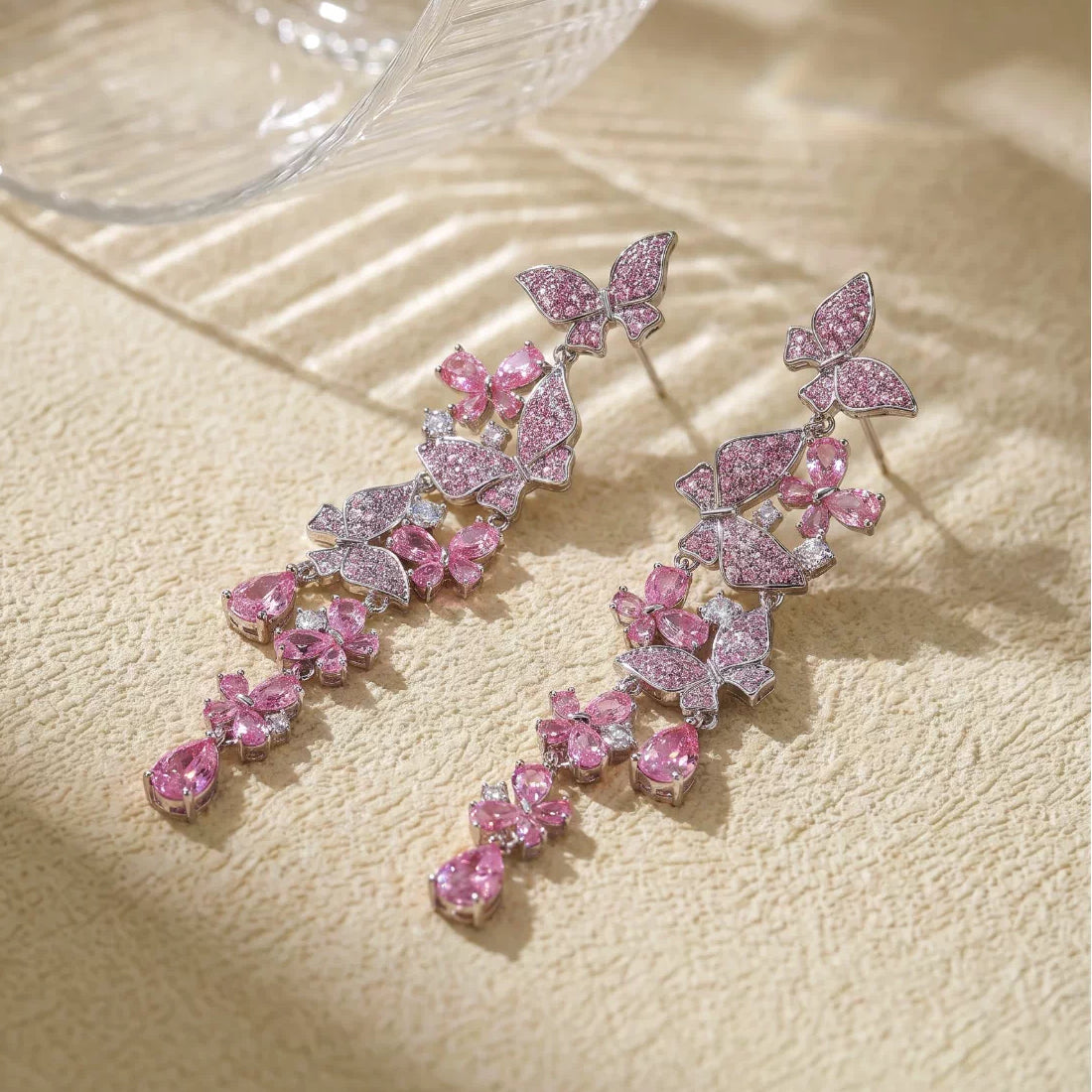 Long Tassel Statement Pink Butterfly Crystal Drop