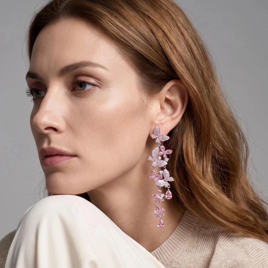 Long Tassel Statement Pink Butterfly Crystal Drop