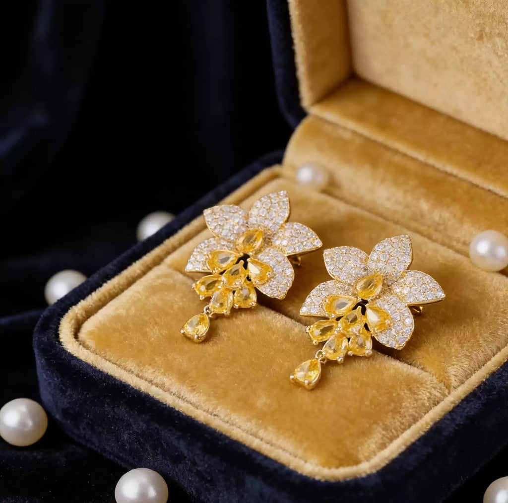 Floral Citrine Crystal Long Drop Dangle Earrings