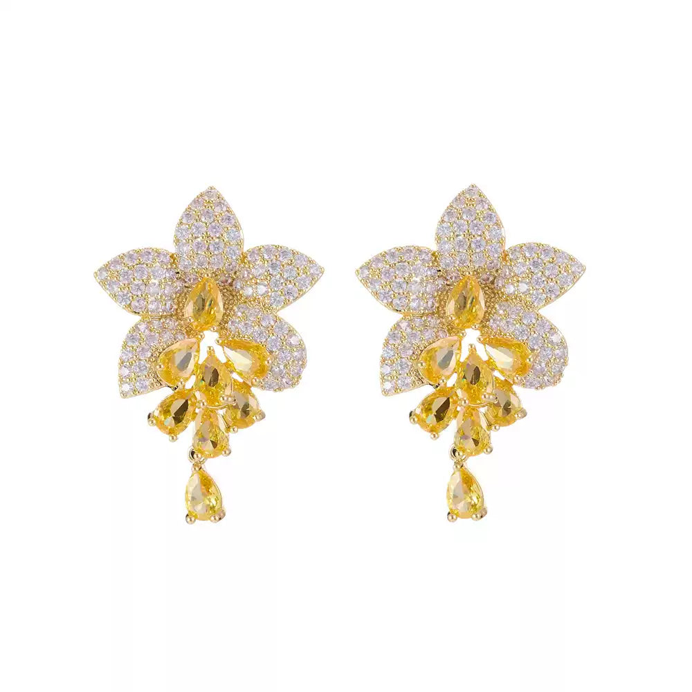Floral Citrine Crystal Long Drop Dangle Earrings