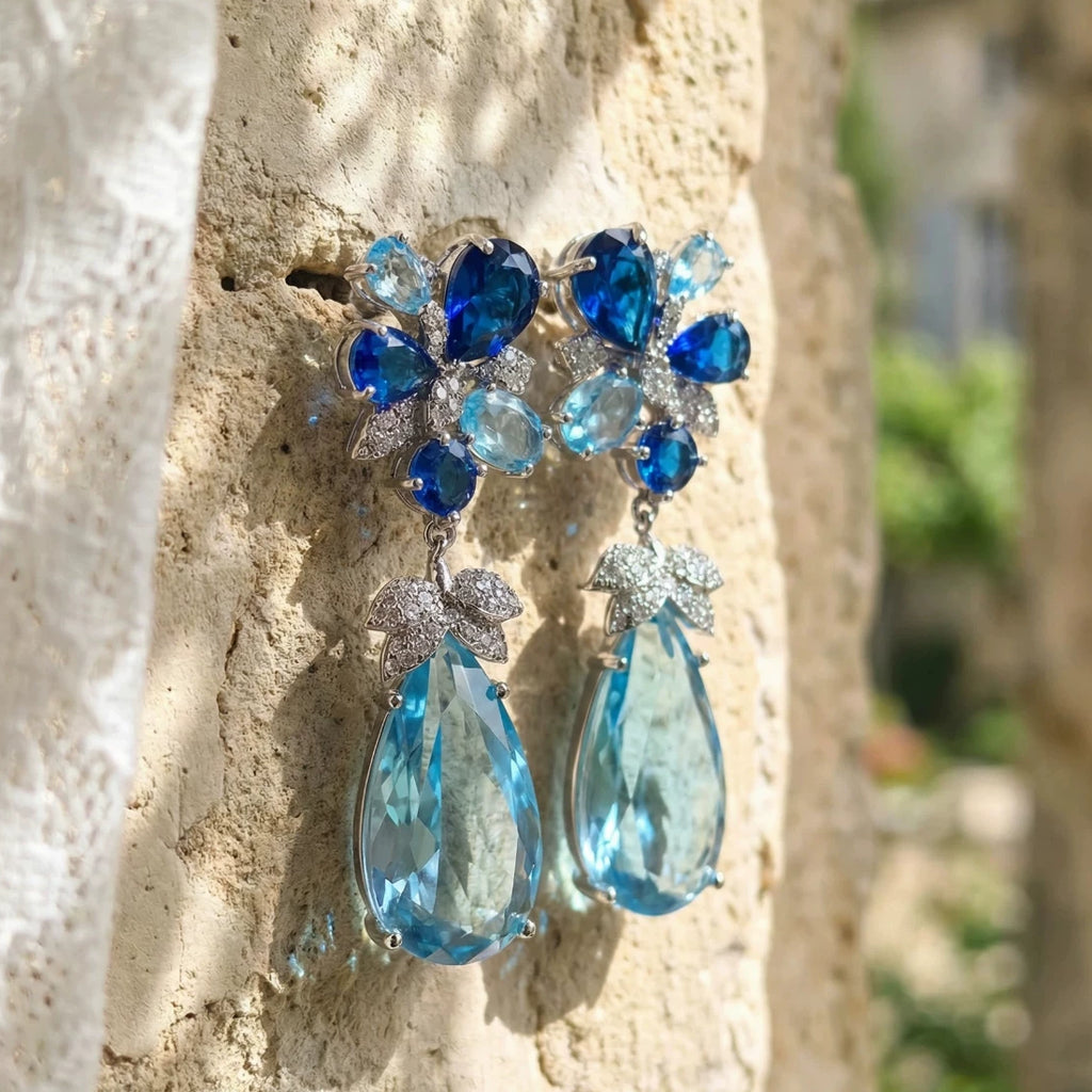 Blue Gemstone Teardrop Flower Earrings