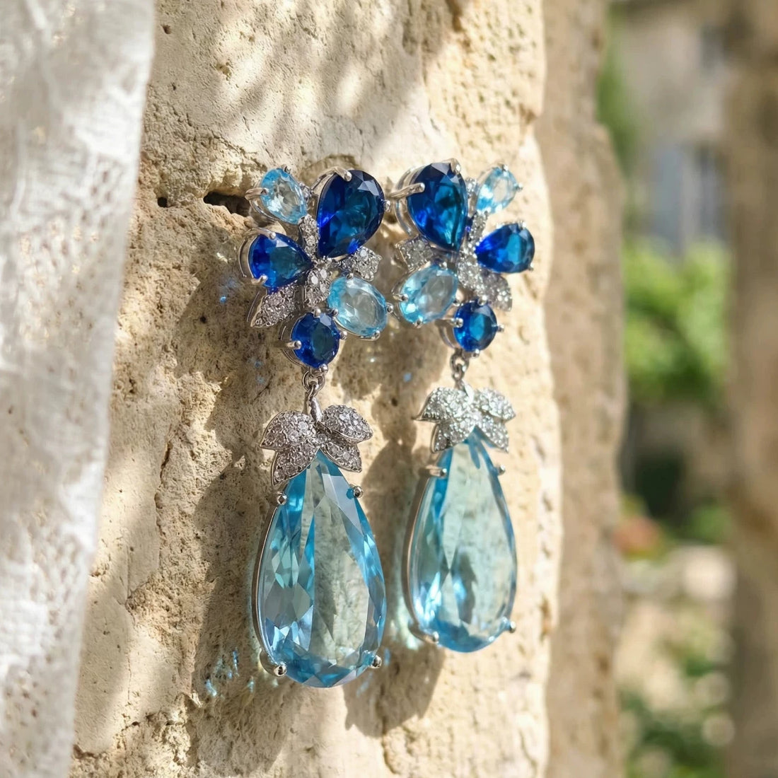 Blue Gemstone Teardrop Flower Earrings