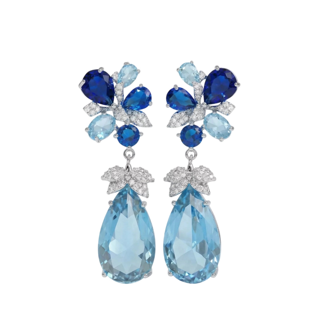 Blue Gemstone Teardrop Flower Earrings