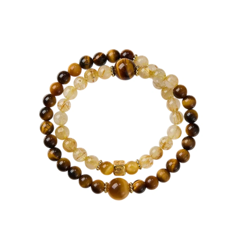 Natural Citrine Tiger Eye and Gold Rutilated Quartz double layer bracelet for women, 6mm small beads and 10mm large bead, 15cm inner circumference wraps twice