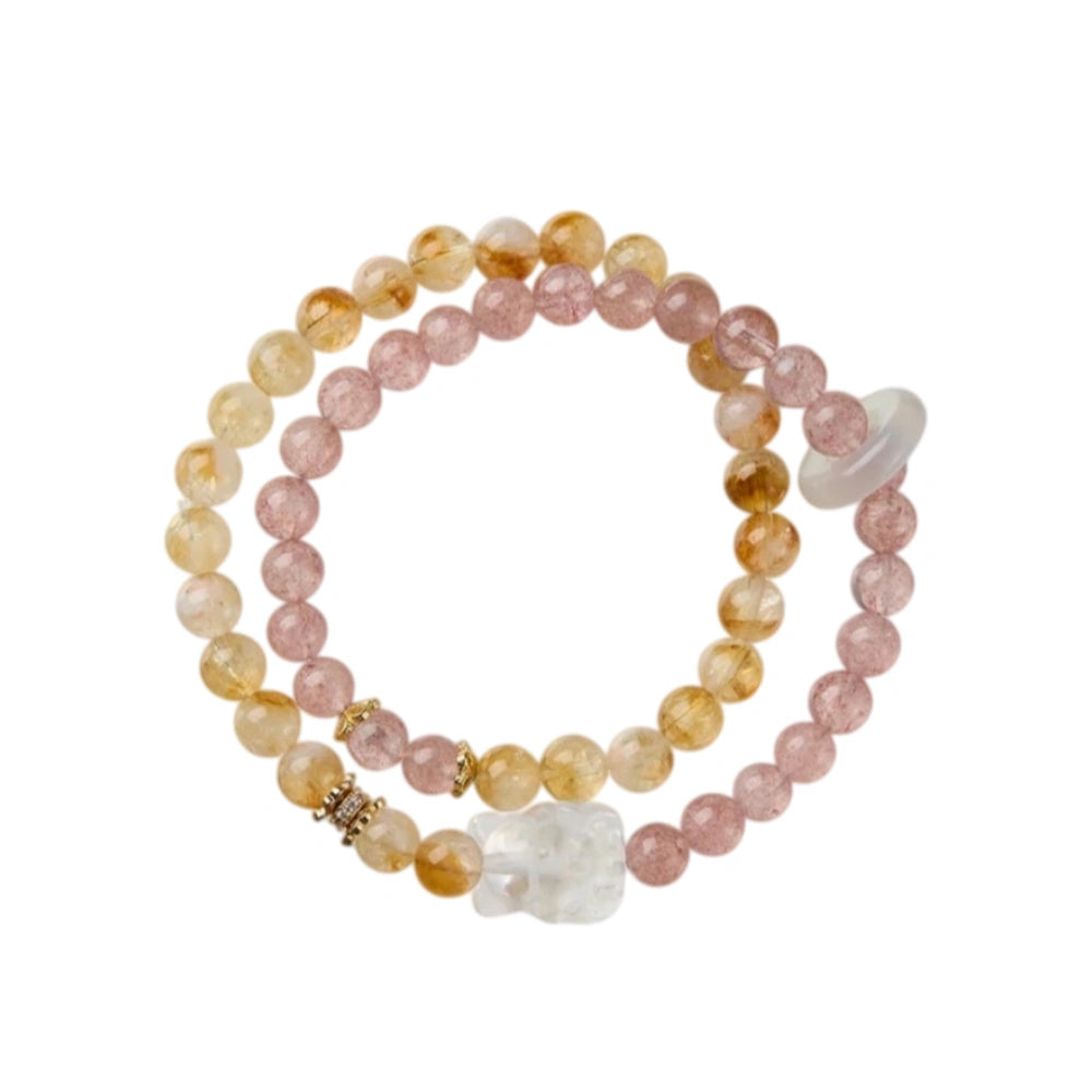 Natural Citrine Tiger Eye and Gold Rutilated Quartz double layer bracelet for women, 6mm small beads and 10mm large bead, 15cm inner circumference wraps twice