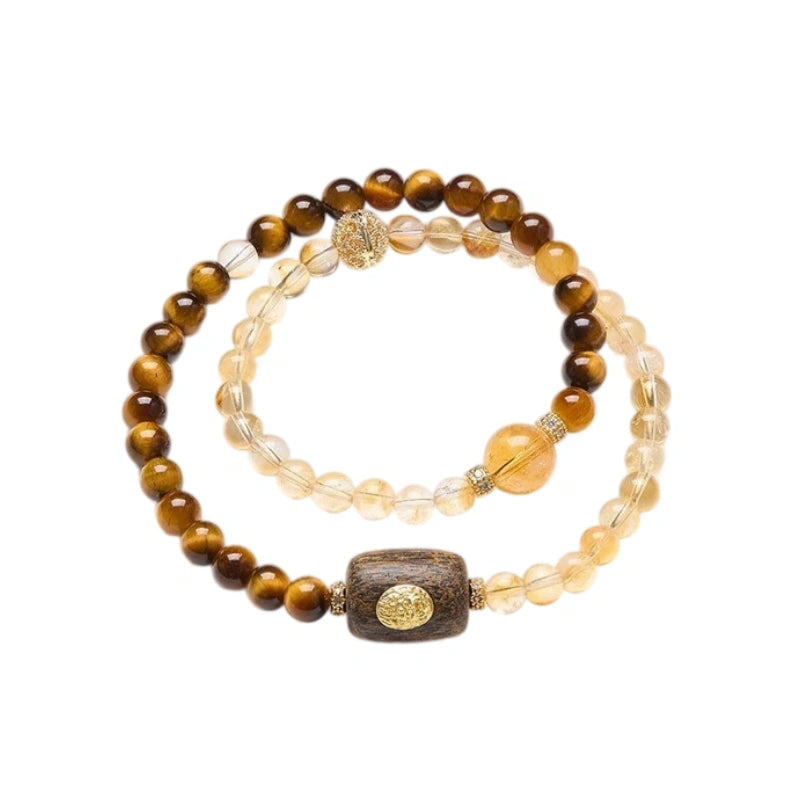 Natural Citrine Tiger Eye and Gold Rutilated Quartz double layer bracelet for women, 6mm small beads and 10mm large bead, 15cm inner circumference wraps twice