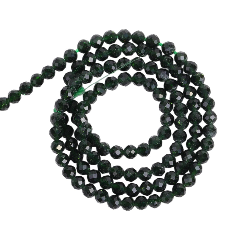 Green goldstone micro faceted beads in 2mm, 3mm, 4mm. Sparkling deep green glitter stone spacer beads for delicate bracelets and DIY jewelry making