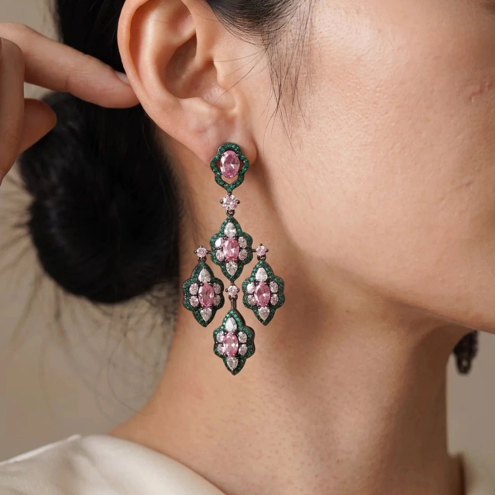 Vintage rose pink and emerald green zircon chandelier earrings with silver-plated copper. Sparkling dangle earrings for weddings and formal occasions