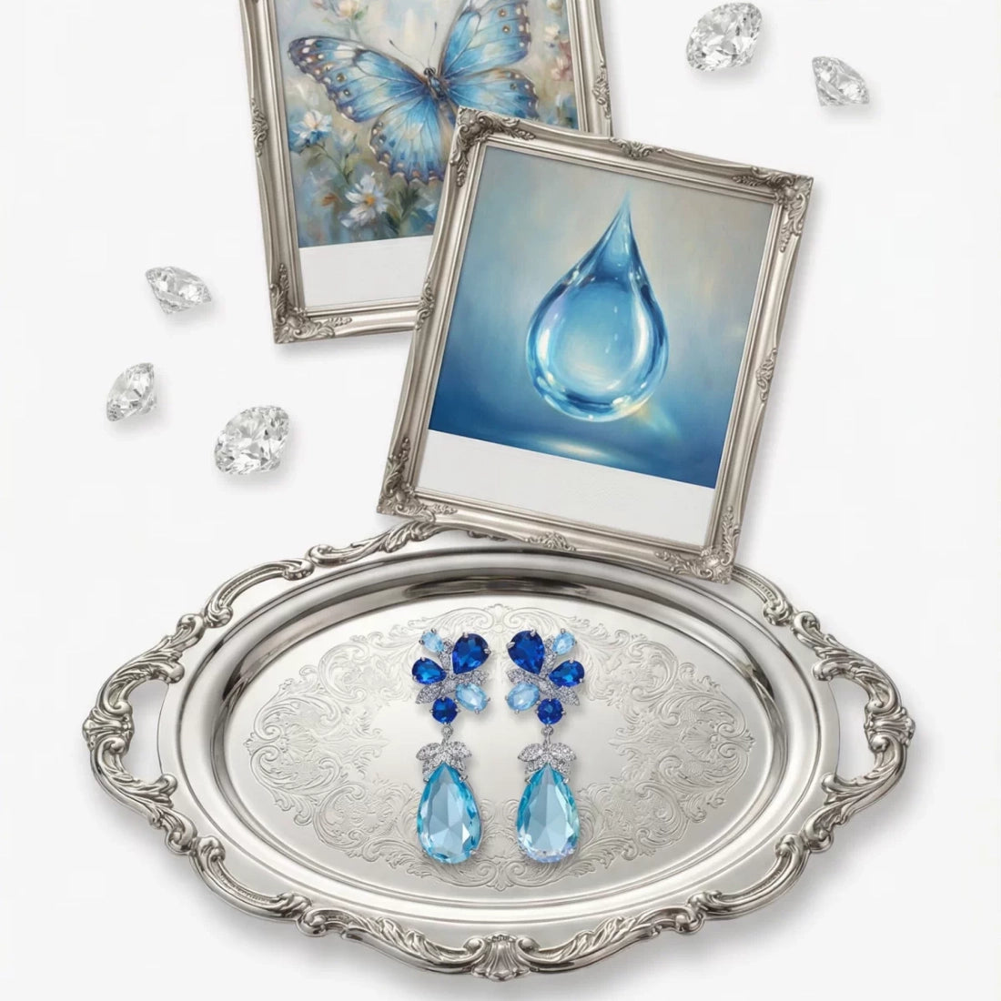 Blue Gemstone Teardrop Flower Earrings