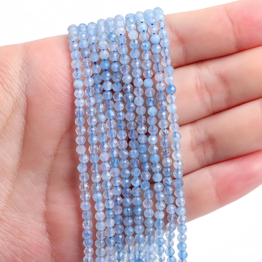 AAA+ natural aquamarine micro faceted beads in 2mm, 3mm, 4mm. Icy blue stone spacer beads for delicate bracelets and DIY jewelry making
