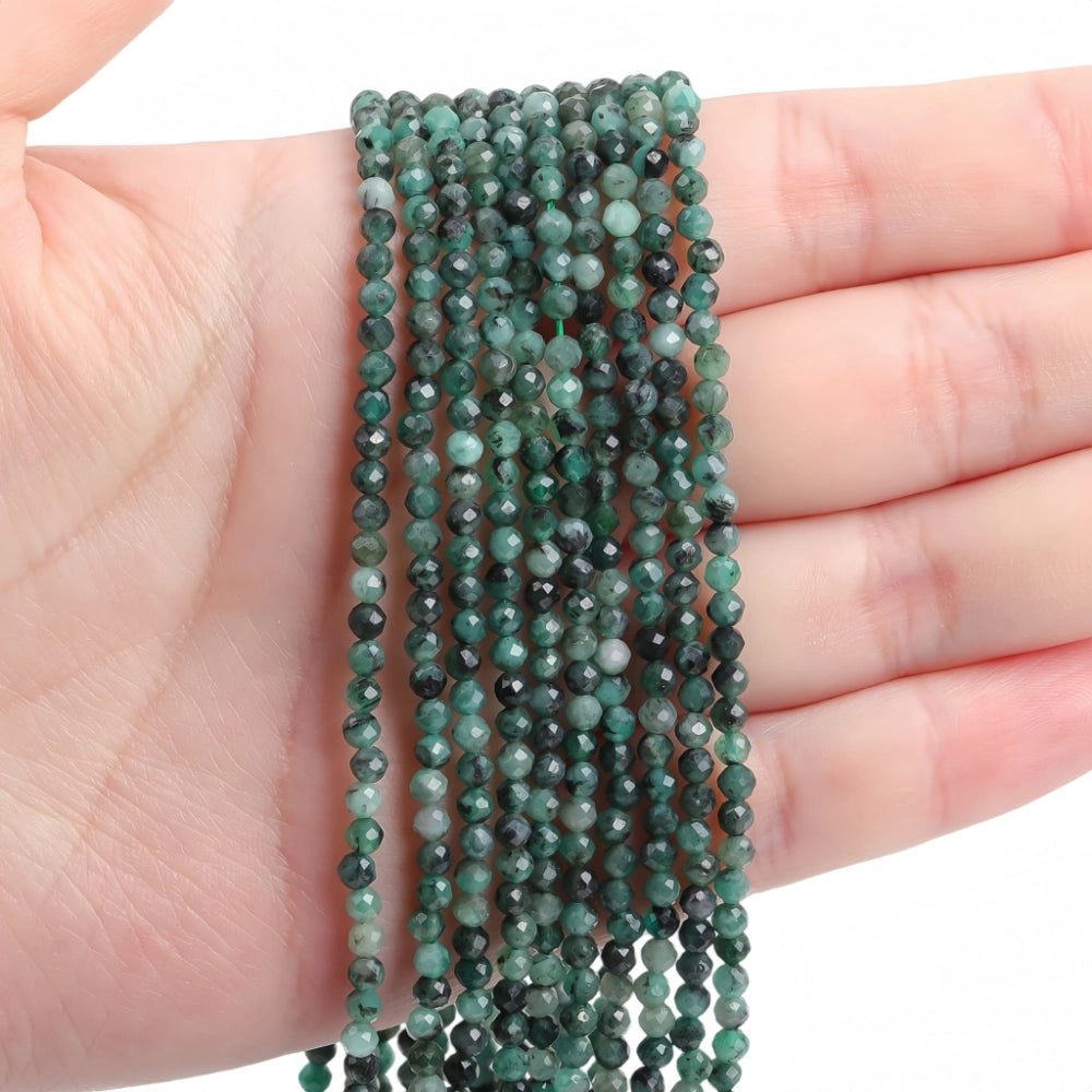 AAA+ natural emerald micro faceted beads in 2mm, 3mm, 4mm. Deep green stone spacer beads for delicate bracelets and DIY jewelry making