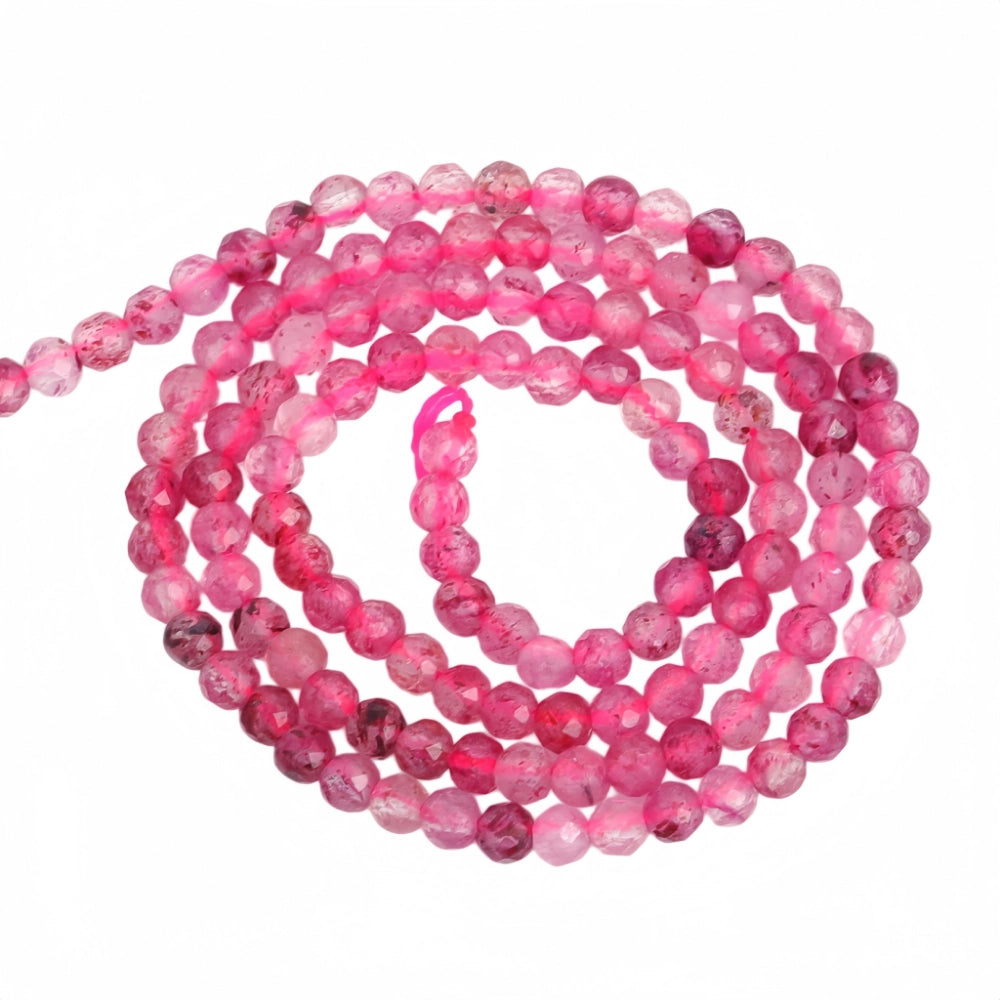 AAA+ natural strawberry quartz micro faceted beads in 2mm, 3mm, 4mm. Vivid pinkish-red stone spacer beads for delicate bracelets and DIY jewelry making