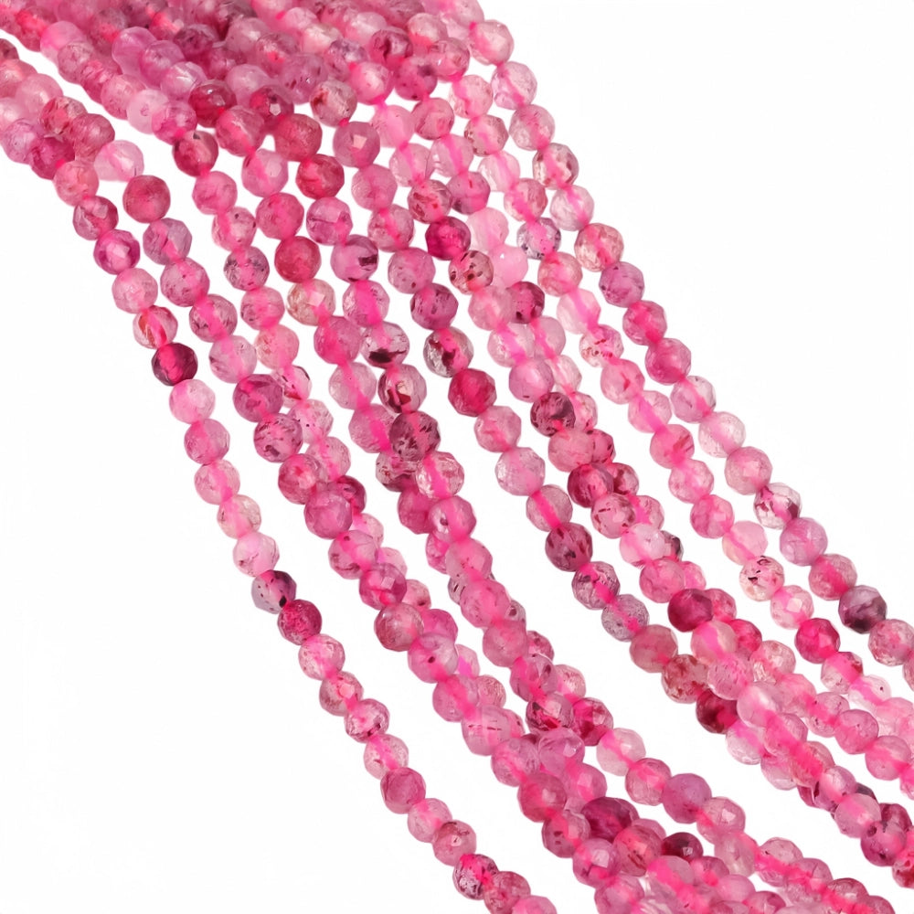 AAA+ natural strawberry quartz micro faceted beads in 2mm, 3mm, 4mm. Vivid pinkish-red stone spacer beads for delicate bracelets and DIY jewelry making