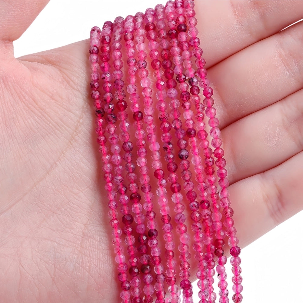 AAA+ natural strawberry quartz micro faceted beads in 2mm, 3mm, 4mm. Vivid pinkish-red stone spacer beads for delicate bracelets and DIY jewelry making