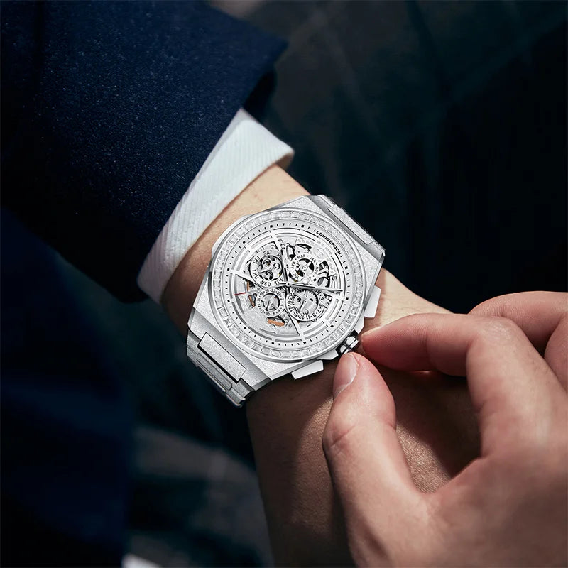 Adjusting the crown of the Frost Wings steel mechanical watch on a wrist