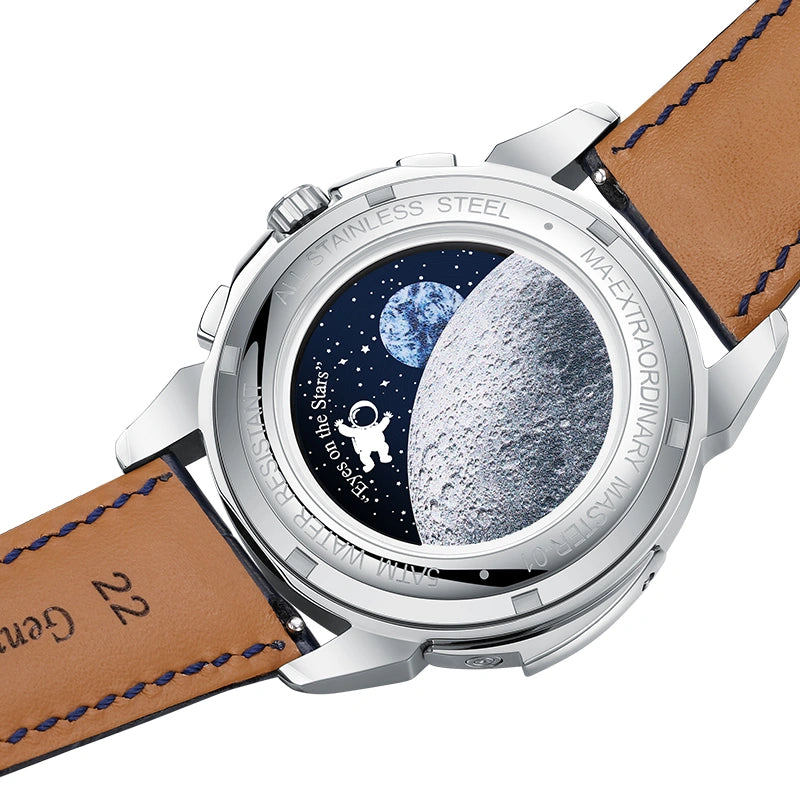 Astronaut watch exhibition caseback with moon earth print and Eyes on the Stars text