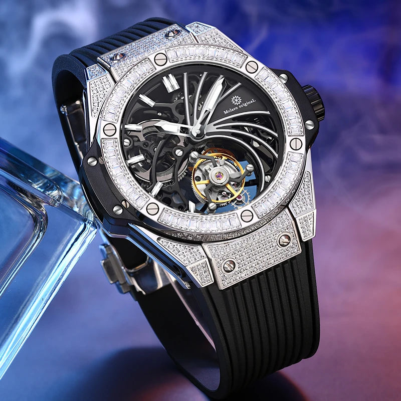 Close-up of open-work skeleton dial highlighting golden balance wheel and mechanical gears