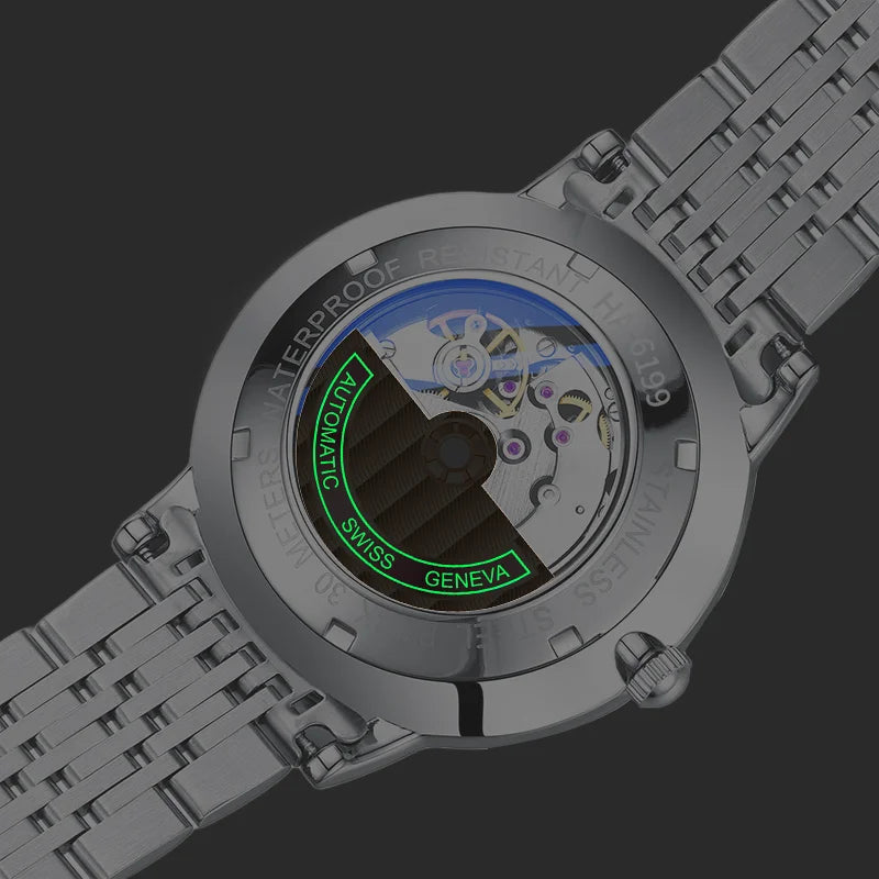 Transparent exhibition case back revealing the inner automatic mechanical movement and rotor