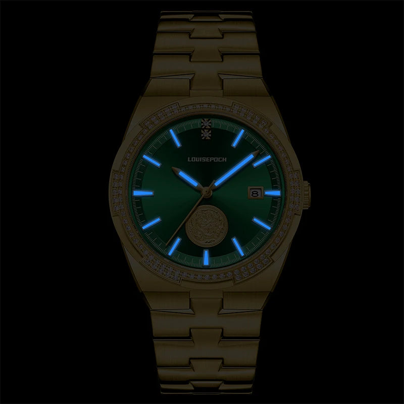 Back case and gold-plated stainless steel bracelet closure details of the watch