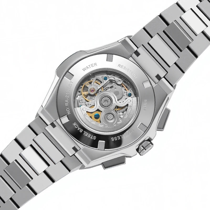 Transparent exhibition case back showing the inner mechanical movement and oscillating weight