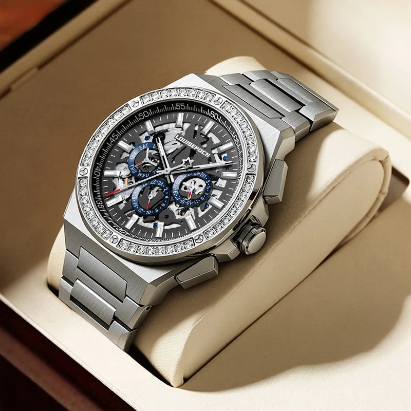 Luxury diamond automatic mechanical watch displayed neatly in a premium presentation box