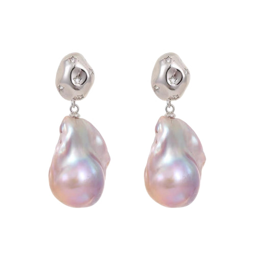 Baroque pearl irregular teardrop earrings with pink iridescent luster, S925 silver studs and star-set crystals. Unique organic drop jewelry for women
